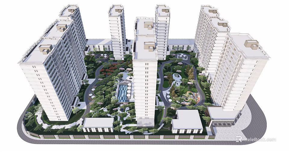 Modern High Rise Residential Complex With Landscaped Gardens And Green Spaces 3d model 