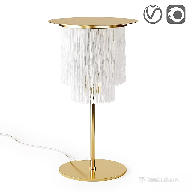 Elegant Modern Table Lamp With Gold Metal Stand And White Fringe Shade Design 3d model 