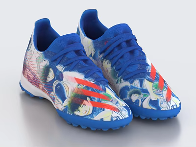 Blue Soccer Shoes With Colorful Anime Patterns Red Stripes And Cleats 3d model
