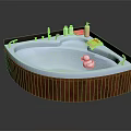 Stylish Curved Bathtub With Wooden Frame Rubber Duck And Bath Products