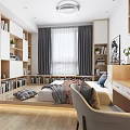 Modern Tatami Bedroom Interior With Storage Bookshelves Cabinets Window Curtains And Wooden Floor