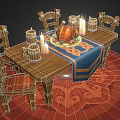 Wooden Dining Table Set With Four Chairs Blue Tablecloth Roast Chicken Candles Red Patterned Rug