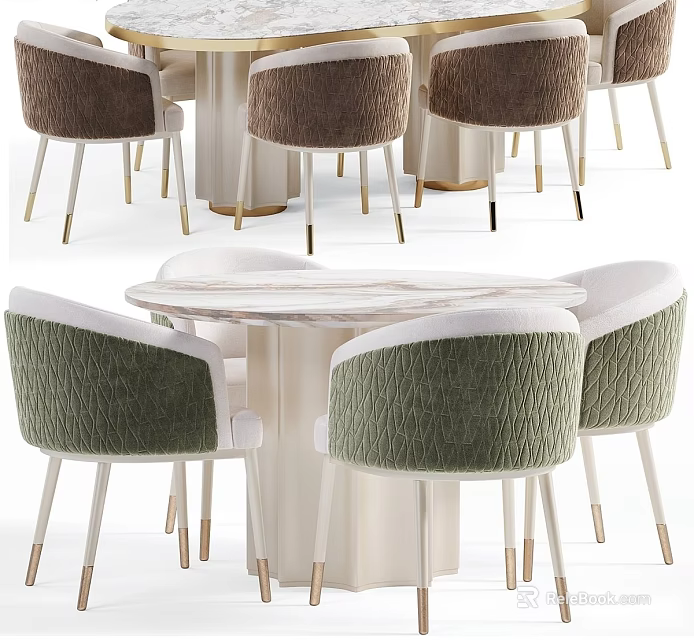 Modern Dining Table Set With Marble Top And Green Brown Textured Upholstered Chairs 3d model 