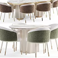 Modern Dining Table Set With Marble Top And Green Brown Textured Upholstered Chairs