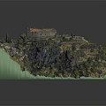 Ancient Building on Mountain Slope with Terraced Fields and Lush Greenery 3d model