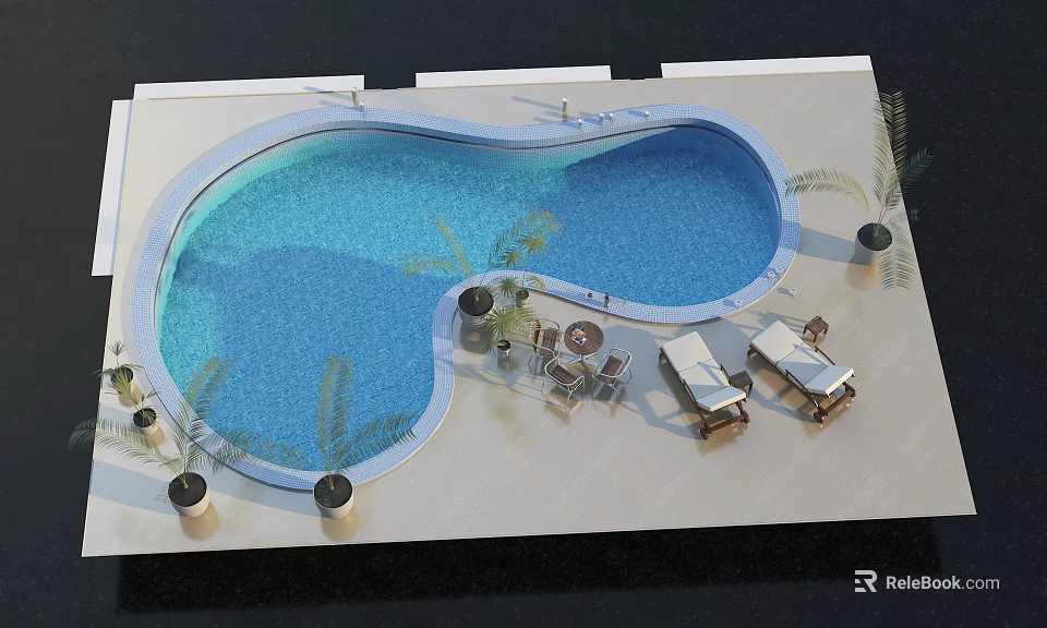 Outdoor Swimming Pool Area with Lounge Chairs Tables and Palm Trees Design 3d model 