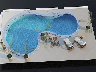 Outdoor Swimming Pool Area with Lounge Chairs Tables and Palm Trees Design 3d model