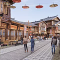 Traditional Commercial Street With Chinese Architecture Pedestrians Lanterns Tea Signs And Evening Sky