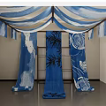 Elegant Blue And White Ceiling Drapery Design With Bamboo And Circular Patterns 3d model