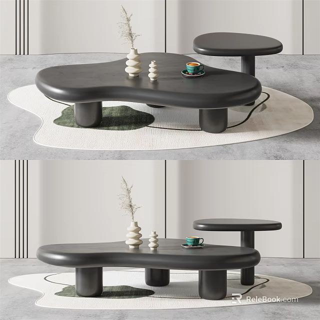 Modern Black Curved Coffee Table With Side Stool And Decorative Vase On Rug 3d model