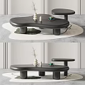 Modern Black Curved Coffee Table With Side Stool And Decorative Vase On Rug 3d model