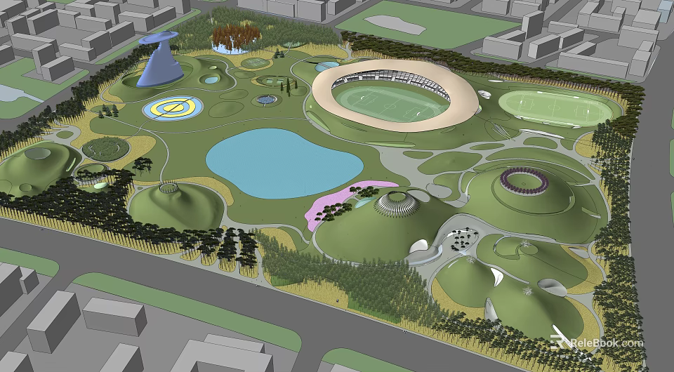 Park Landscape Design With Circular Structure Lake Green Spaces Hills and Trees 3d model 