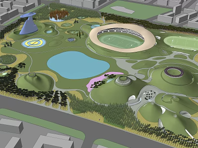 Park Landscape Design With Circular Structure Lake Green Spaces Hills and Trees 3d model