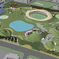 Park Landscape Design With Circular Structure Lake Green Spaces Hills and Trees