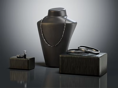 Elegant Jewelry Display Featuring Necklace Ring Earrings On Black Display Stand With Black Boxes 3d model