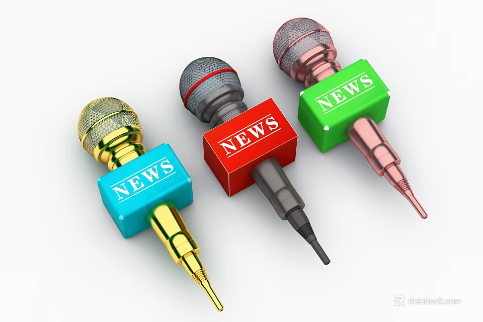 Three Colored Microphones With NEWS Label Blocks In Gold Red Green 3d model 