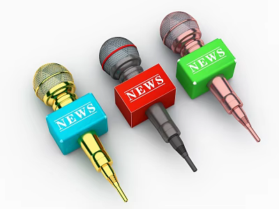 Three Colored Microphones With NEWS Label Blocks In Gold Red Green 3d model