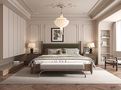 Elegant Bedroom with Decorative Ceiling Pendant Light Nightstands Lamps Bench Carpet and Wooden Floors 3d model