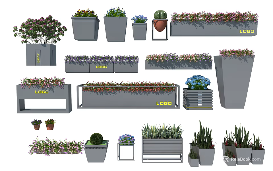 Garden Decorative Planters with Various Sizes Shapes and Green Plants Modern Design and LOGO Details 3d model 