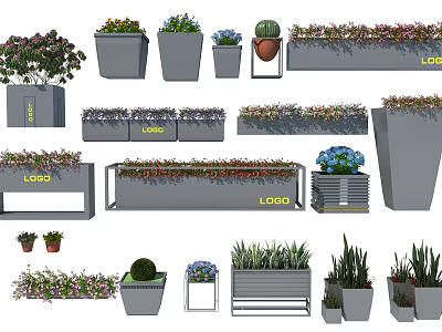 Garden Decorative Planters with Various Sizes Shapes and Green Plants Modern Design and LOGO Details 3d model