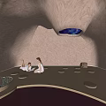 Rocky Cave Like Interior With Two People Illuminated Floor And Starry Light Fixture