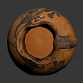 Orange Pottery Jug With Carved Black Figures And Floral Designs Sculpture