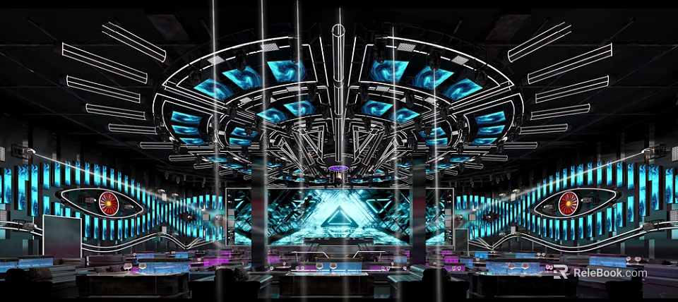 Futuristic Tech Inspired Bar Interior With Neon Lights And Stage Design 3d model 