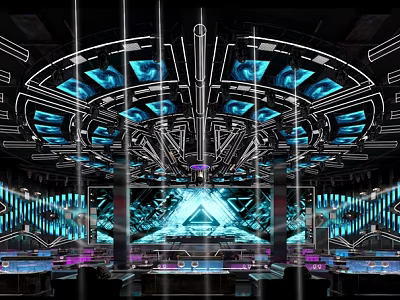 Futuristic Tech Inspired Bar Interior With Neon Lights And Stage Design 3d model