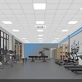 Bright Fitness Gym Interior With Treadmills Dumbbells Benches Windows And Blue White Walls