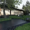 Serene Garden Landscape With Lush Trees Wooden Platform Grass Traditional Pavilion Lighting and People Walking