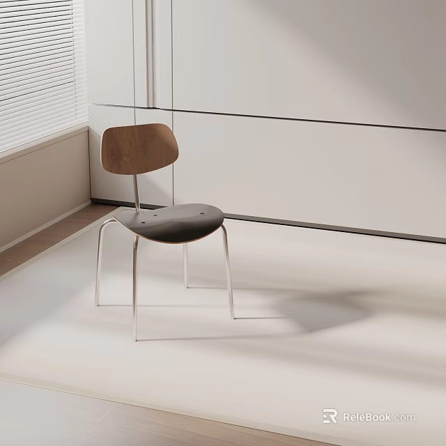 Dining Chair With Brown Wooden Backrest Black Seat And Silver Metal Legs In White Corner With Blinds 3d model 
