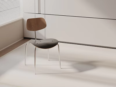 Dining Chair With Brown Wooden Backrest Black Seat And Silver Metal Legs In White Corner With Blinds 3d model