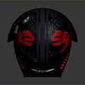 Futuristic Weapon Helmet With Red Insignia And Glowing Red Eyes