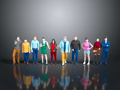 Colorful Standing Daily Life Product Figures In Various Colored Outfits With Reflections 3d model