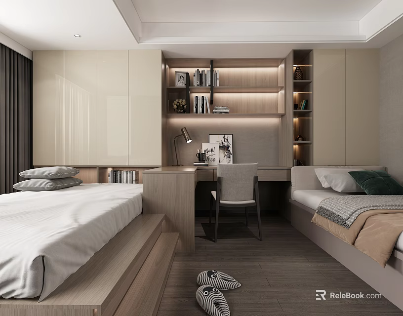 Modern Tatami Bedroom Interior Design With Tatami Bed Desk And Wooden Bookshelf 3d model 