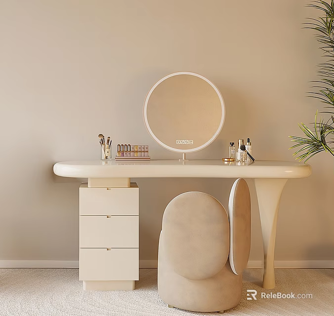 Modern Minimalist Vanity Table With Round Mirror Cosmetics Drawers Chair And Green Plant 3d model 