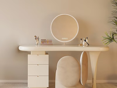 Modern Minimalist Vanity Table With Round Mirror Cosmetics Drawers Chair And Green Plant 3d model