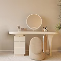 Modern Minimalist Vanity Table With Round Mirror Cosmetics Drawers Chair And Green Plant