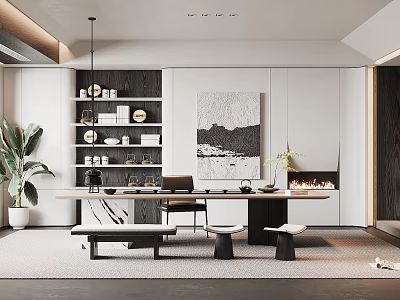 Modern Teahouse Interior With Long Table Seating Art Fireplace And Plants 3d model