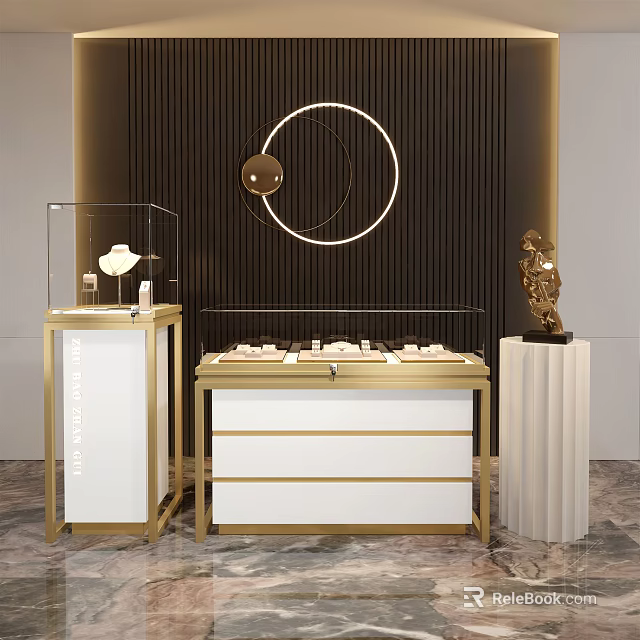 Elegant Jewelry Display Shelves With Transparent Glass Gold Accents White Cabinet And Marble Floor 3d model 