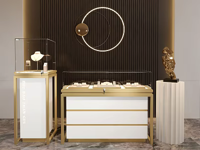 Elegant Jewelry Display Shelves With Transparent Glass Gold Accents White Cabinet And Marble Floor 3d model