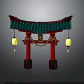 Traditional Japanese Torii Gate Structure With Green Roof Red Pillars And Lanterns