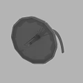 Gray 3D Rendered Object With Circular Top Radial Lines And Curved Handle Design