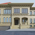 Two Story Detached Villa Featuring Beige Exterior Arched Porch and Green Lawn