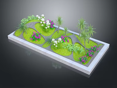 Park Landscape with Green Lawn Winding Paths Various Plants and White and Purple Flowers 3d model