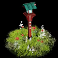 Traditional Japanese Wooden Lantern With Green Roof Red Maple Leaf And Windows
