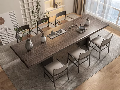 Minimalist Wooden Tea Table And Chairs In Living Room With Decorative Vases And Tea Set 3d model