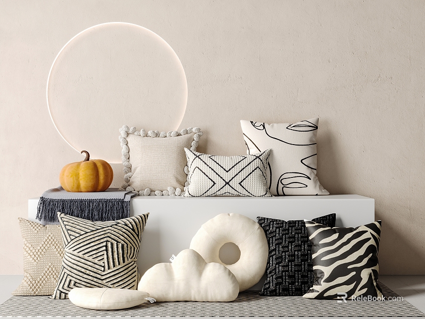 Various Patterned Throw Pillows Including Geometric Zebra Print Tassel Cloud Cushion And Pumpkin Decor 3d model 
