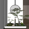 Minimalist Chinese Entryway Hallway Design With Circular Arch Potted Plant And Striped Screen Lighting