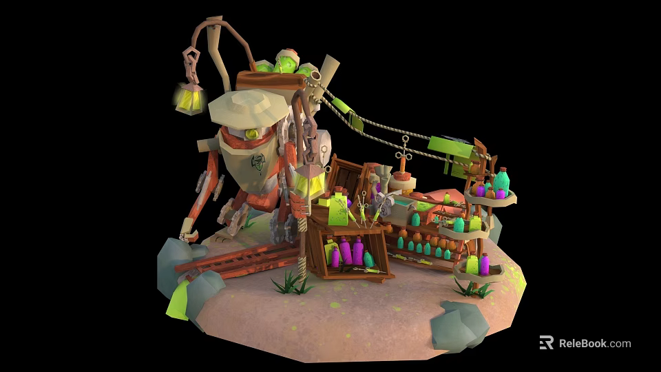 Cartoon Scene With Mechanical Robot Hanging Lantern Wooden Shelves Colorful Bottles Railway Track And Rocks 3d model 